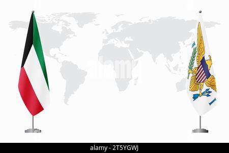 Kuwait e Isole Vergini americane bandiere per un incontro ufficiale sullo sfondo della mappa mondiale. Illustrazione Vettoriale