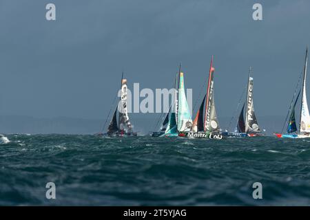 Le Havre, Francia. 7 novembre 2023. BEYOU Jérémie (fra), CAMMAS Franck (fra), Charal, GOODCHIL Sam (gbr), KOCH Antoine (fra), for the Planet, BESTAVEN Yannick (fra), PULVE Julien (fra), Maître Coq V, azione all'inizio della 16a edizione della Transat Jacques Vabre, gara di yachting da le Havre, Francia a Fort de France, Martinica, il 7 novembre 2023 - foto Pierre Bourras/DPPI Credit: DPPI Media/Alamy Live News Foto Stock