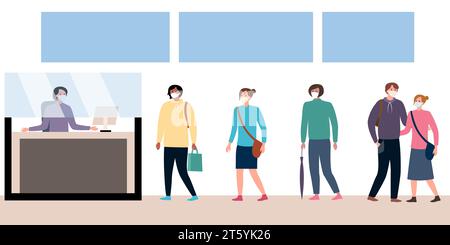 Un negozio moderno con un venditore e clienti mascherati. Illustrazione del vettore piatto Illustrazione Vettoriale