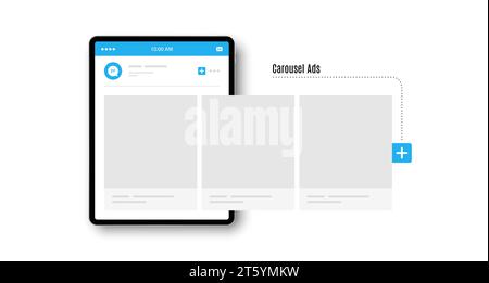 Tablet pc con supporto carosello interfaccia. Annunci sui social network. Vettore Illustrazione Vettoriale