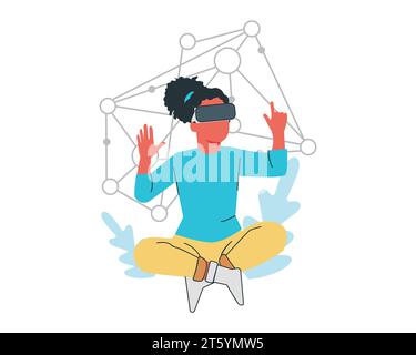 Giovane uomo che indossa occhiali per realtà virtuale e seduto in posa di loto. Illustrazione vettoriale Illustrazione Vettoriale
