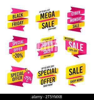 Banner di vendita. Modelli di offerta speciale. Distintivi per la vendita online. Vettore Illustrazione Vettoriale
