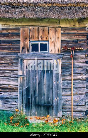 Vecchio fienile di legno con tetto in paglia e un rastrello vicino alla porta in autunno, Svezia Foto Stock