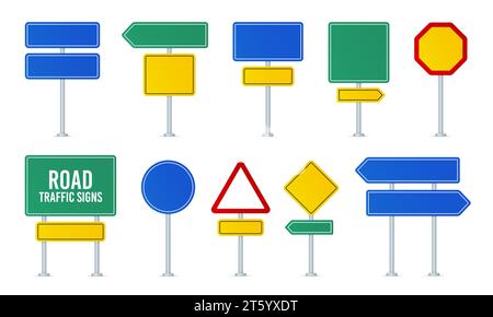 Segnaletica stradale. Freccia di direzione, bacheca informativa. Attenzione: Mockup dei segnali stradali. Vettore Illustrazione Vettoriale