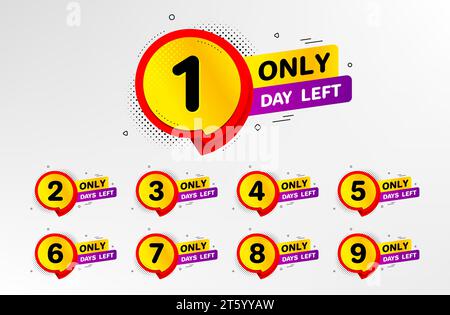 Numero di giorni rimanenti per i badge. Adesivo in offerta speciale. Banner promozionale per conto alla rovescia. Vettore Illustrazione Vettoriale