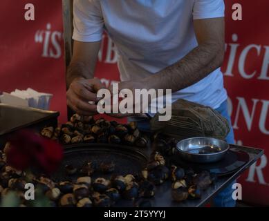 Primo piano sulle castagne arrostite. Castagne grigliate. Castagne commestibili fritte di cibo di strada a Istanbul Foto Stock
