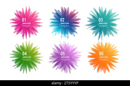 Striscioni geometrici floreali. I colori sovrapposti modellano il design artistico. Spot astratti. Fasi dell'infografica. Vettore Illustrazione Vettoriale