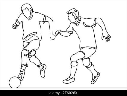 Disegno a linea continua o disegno a una linea di due giocatori di calcio che si battono per la palla Illustrazione Vettoriale