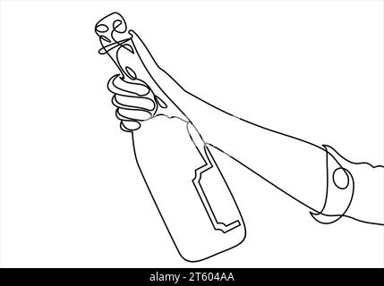 Mano che regge una bottiglia di champagne - linea continua Illustrazione Vettoriale