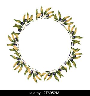 Modello arrotondato per testo con rametti e foglie di ulivo. Cornice o bordo con motivi botanici. Illustrazione per un invito romantico a nozze Foto Stock