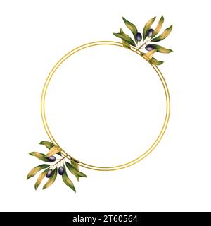 Modello arrotondato per testo con rametti e foglie di ulivo. Cornice o bordo con motivi botanici. Illustrazione per un invito romantico a nozze Foto Stock