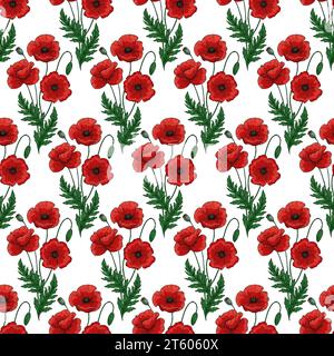 Motivo senza cuciture con fiori di papavero rossi e foglie verdi. Papaver. Elegante sfondo estivo. Decorazioni per la giornata di Anzac. Texture infinita per tessuti Illustrazione Vettoriale