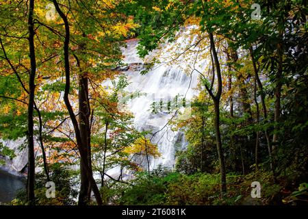 Rainbow Falls in autunno, una cascata nella Carolina del Nord occidentale, sul fiume Horsepasture nella Pisgah National Forest. Foto Stock