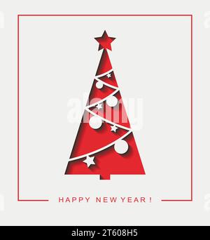 Tessera di benvenuto per l'anno nuovo. Albero di Natale con tecnica di taglio della carta su sfondo rosso. Illustrazione Vettoriale