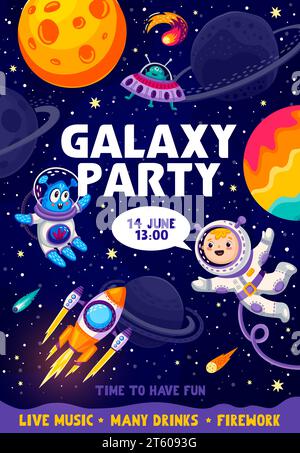Galaxy Party Flyer. Cartoni animati astronauta, alieno, cielo stellato notturno, razzi e pianeti spaziali poster vettoriale della festa di compleanno. Spaceman e personaggi marziani, UFO e astronave che galleggiano nello spazio Illustrazione Vettoriale