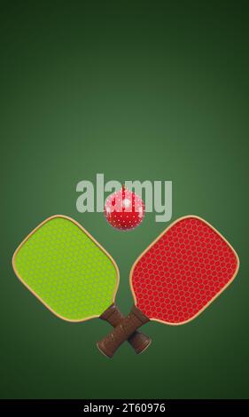 Palla da picnic, due racchette incrociate e palla sportiva con decorazioni natalizie su sfondo verde. rendering 3d. Foto Stock