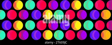 Sfondo geometrico astratto futuristico luminoso con cerchi e sfere colorate. Illustrazione vettoriale banner largo orizzontale. Illustrazione Vettoriale