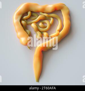 Modello intestinale astratto con texture simili alla gomma e indicatori di infiammazione - rappresentazione 3D. Foto Stock