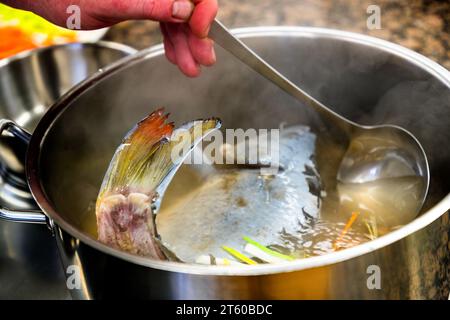 Carpa tagliata a metà in un brodo di aceto, acqua e verdure. Lo strato di muco sulla pelle diventa blu solo quando la carpa viene macellata di recente. L'aceto nel brodo stabilizza il colore blu. La cucina blu è una preparazione tradizionale per pesci d'acqua dolce come carpa, tinca o trota. Waldsassen, Germania Foto Stock