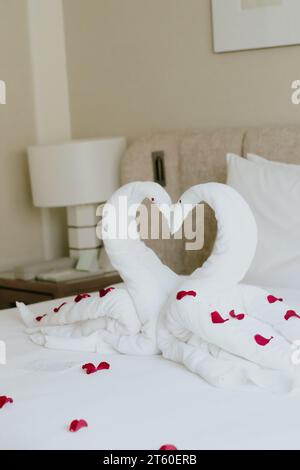 Camera dolce in vacanza, decorazione degli asciugamani Swan sul letto con cuscino bianco all'interno della camera da letto. Foto Stock