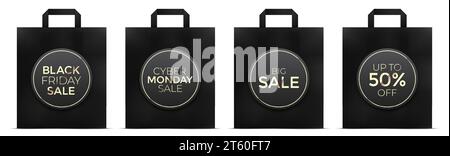 Sacchetti di carta per la spesa del Black Friday e del Cyber Monday con set vettoriale di etichette dorate, isolati su sfondo bianco. Illustrazione Vettoriale