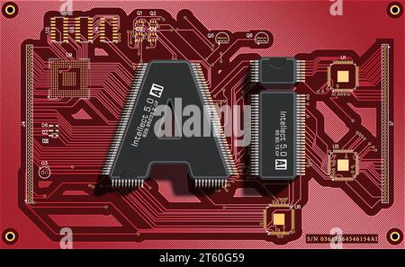 Due microchip sotto forma di lettere ai su una scheda elettronica. Concetto di intelligenza artificiale. rendering 3d. Foto Stock