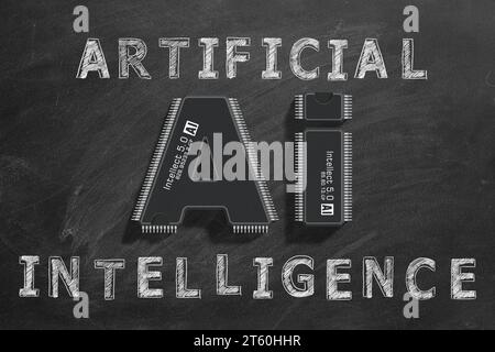 Intelligenza sintetica. La fusione di A e io Due microchip progettati nelle forme delle lettere A ed io insieme per formare l'abbreviazione ai - S Foto Stock