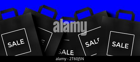 Mazzo di sacchetti regalo di carta nera su sfondo blu, banner vettoriale per la vendita dello shopping. Illustrazione Vettoriale
