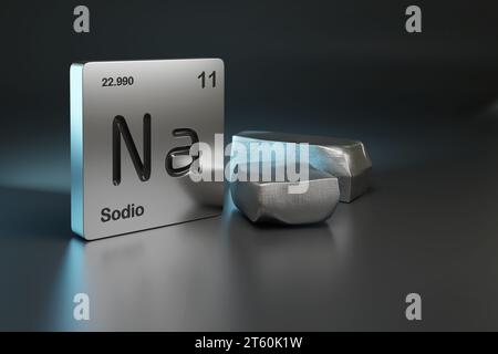 Simbolo dell'elemento di sodio dalla tabella periodica in spagnolo vicino al sodio metallico con spazio di copia. illustrazione 3d. Foto Stock