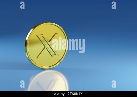 Buenos Aires, Argentina - 7 novembre 2023: Twitter (nuovo logo) moneta d'oro con spazio per la copia. illustrazione 3d. Foto Stock