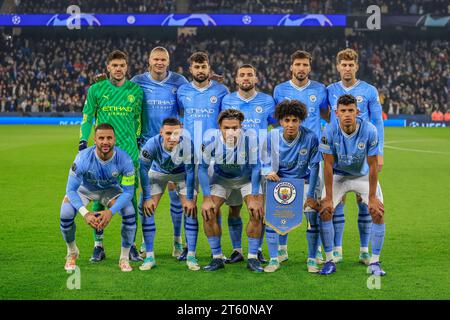 Manchester, Regno Unito. 7 novembre 2023. La squadra del Manchester City si schiera durante la partita di UEFA Champions League Manchester City vs Young Boys all'Etihad Stadium, Manchester, Regno Unito, il 7 novembre 2023 (foto di Conor Molloy/News Images) a Manchester, Regno Unito il 7 novembre 2023. (Foto di Conor Molloy/News Images/Sipa USA) credito: SIPA USA/Alamy Live News Foto Stock