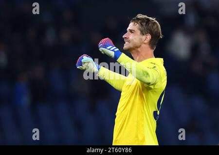 Roma, Italie. 7 novembre 2023. Ivan Provedel portiere laziale celebra il gol 1-0 di Ciro immobile durante la UEFA Champions League, gruppo e partita di calcio tra SS Lazio e Feyenoord il 7 novembre 2023 allo Stadio Olimpico di Roma, Italia - foto Federico Proietti/DPPI Credit: DPPI Media/Alamy Live News Foto Stock