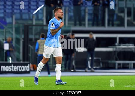 Roma, Italie. 7 novembre 2023. Ciro immobile del Lazio festeggia dopo aver segnato 1-0 gol durante la partita di UEFA Champions League, gruppo e tra SS Lazio e Feyenoord il 7 novembre 2023 allo Stadio Olimpico di Roma - foto Federico Proietti/DPPI Credit: DPPI Media/Alamy Live News Foto Stock