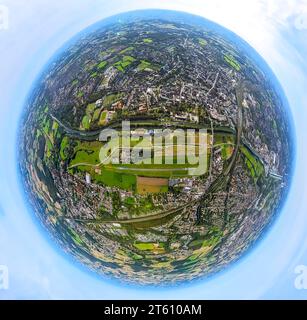 Vista aerea, area di conversione Lippe, pianura alluvionale del fiume Lippe e canale Datteln-Hamm, campo d'aviazione Hamm-Lippewiesen, vista sulla città, globo terrestre, Foto Stock