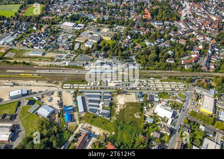 Vista aerea, stazione ferroviaria di Haltern am SEE, Renate Dickerhoff Intransver LKW-Spedition, centro scolastico con Joseph-König-Gymnasium e Alexander-Lebe Foto Stock