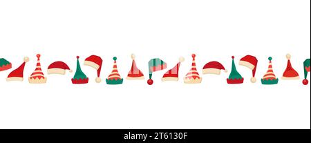 Christmas Babbo Natale, elfi cappelli fantasiosi con motivo vettoriale di bordo senza cuciture. Carino Babbo Natale, elfi Caps elemento di design cartoni animati. Simbolo di Natale isolato. Vacanze Illustrazione Vettoriale