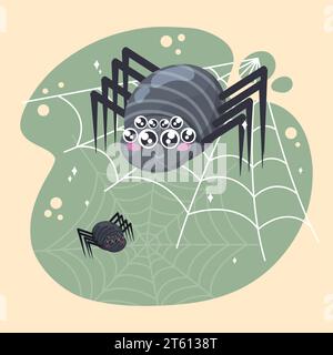 Simpatici personaggi ragni su una ragnatela vettore Illustrazione Vettoriale