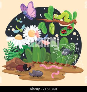 Simpatici personaggi di insetti sullo sfondo di un ambiente naturale Vector Illustrazione Vettoriale