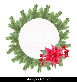 Rami di abete con bacche di poinsettia e holly. Decorazione per Capodanno, Natale e festività stagionali. ghirlanda invernale tradizionale. Buon divertimento Foto Stock