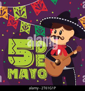 Poster colorato di cinco de mayo con il personaggio di mariachi Vector Illustrazione Vettoriale