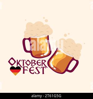 Bicchieri da birra con poster in schiuma dell'Oktoberfest Vector Illustrazione Vettoriale