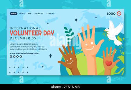 Giornata del volontariato per lo sviluppo economico e sociale Social Media Landing Page Cartoon Handdrawn Templates background Illustration Illustrazione Vettoriale