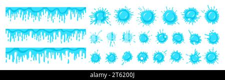 Gocce d'acqua spruzzano o spruzzano il set di cartoni animati. Colorare e spruzzare forme piatte gocciolamento liquidi spruzzi icona goccia. Diversi schizzi e gocce d'acqua blu si modellano. Illustrazione vettoriale di elementi isolati Illustrazione Vettoriale