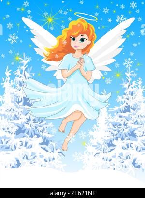 Un angelo con i capelli rossi, vestito con un abito blu, su sfondo invernale. Vigilia di Natale. Notte nevosa invernale. Illustrazione Vettoriale