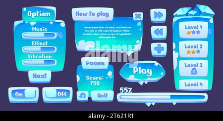 Elementi gui blu con neve e ghiaccio. Serie di illustrazioni vettoriali dei cartoni animati con pulsanti e frecce di progettazione dell'interfaccia utente di giochi invernali o settentrionali, opzioni di menu cornici per banner e cartelli, bacheche per testo. Illustrazione Vettoriale
