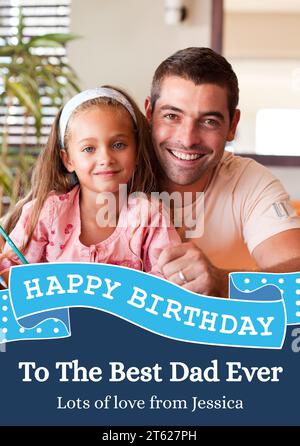 Buon compleanno al miglior messaggio di papà di sempre, su padre e figlia caucasici sorridenti Foto Stock