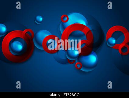 Cerchi astratti e sfere blu lucido e rosso su sfondo geometrico. Progettazione vettoriale tecnologica Illustrazione Vettoriale