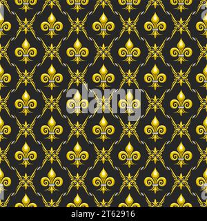Vector Fleur de Lis senza cuciture Pattern, sfondo quadrato con ripetizione con illustrazioni del motivo reticolo e fleur de lis francese giallo nelle celle rombo o Illustrazione Vettoriale