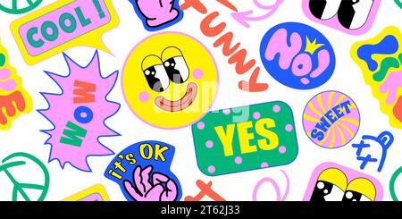 90 Cool Sticker Collage Pattern senza cuciture. Stampa al neon con patch Millennium Style. Cartoon Fun Smile Faces, Urban Typography, Y2K Style Vector Illustration. Illustrazione Vettoriale