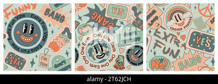 90 Set di pattern senza cuciture per collage Cool Sticker. Sfondi eccentrici e grovigliati con patch retrospettive. Cartoon Fun Smile Faces, y2k, Millennium Style Vector Illustration. Illustrazione Vettoriale